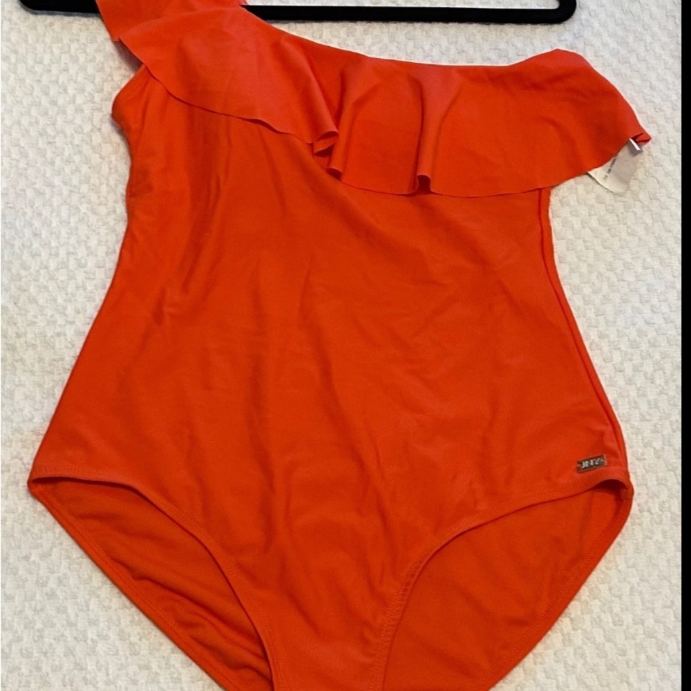 JONES NEW YORK Solid Orange frill ruffle one shoulder swimsuit size medium